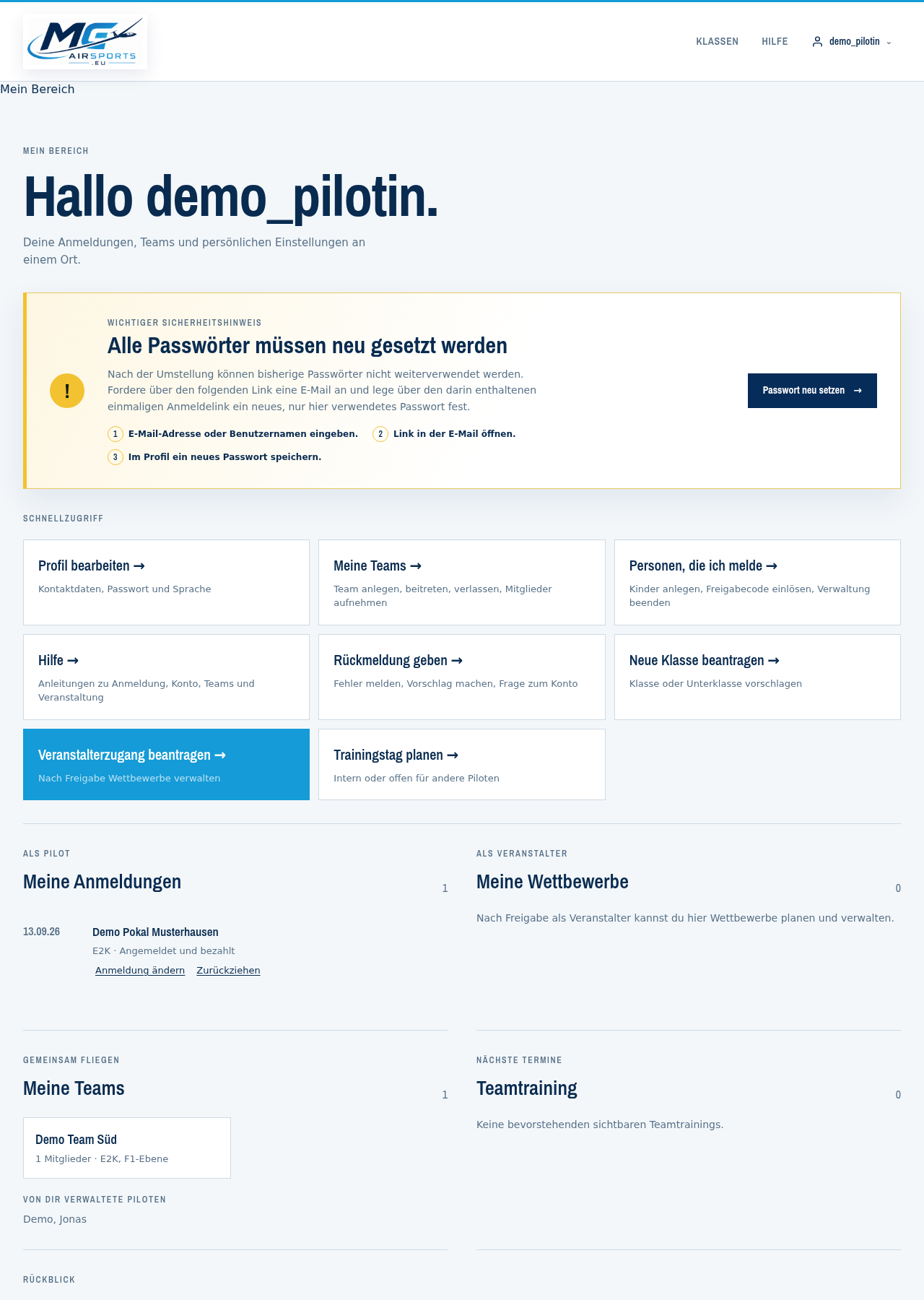 Mein Bereich: eigene Anmeldungen, Teams, Personen und alle Aktionen an einer Stelle.