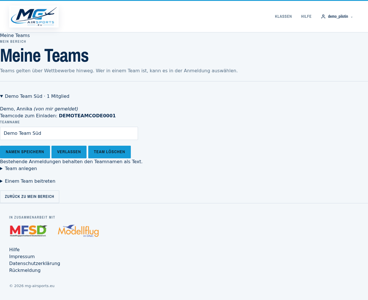 Meine Teams: anlegen, über den Teamcode beitreten, Mitglieder aufnehmen, verlassen.