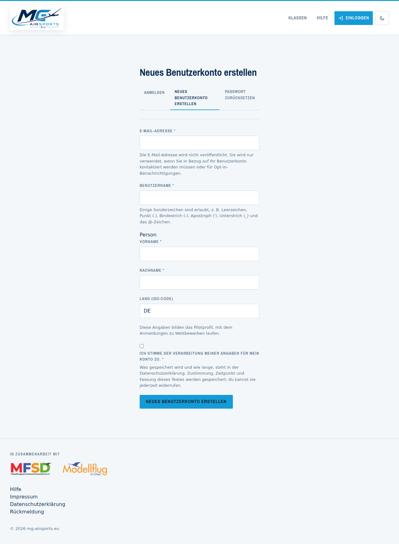 Das Registrierungsformular: Benutzername, E-Mail-Adresse, Name und Land.