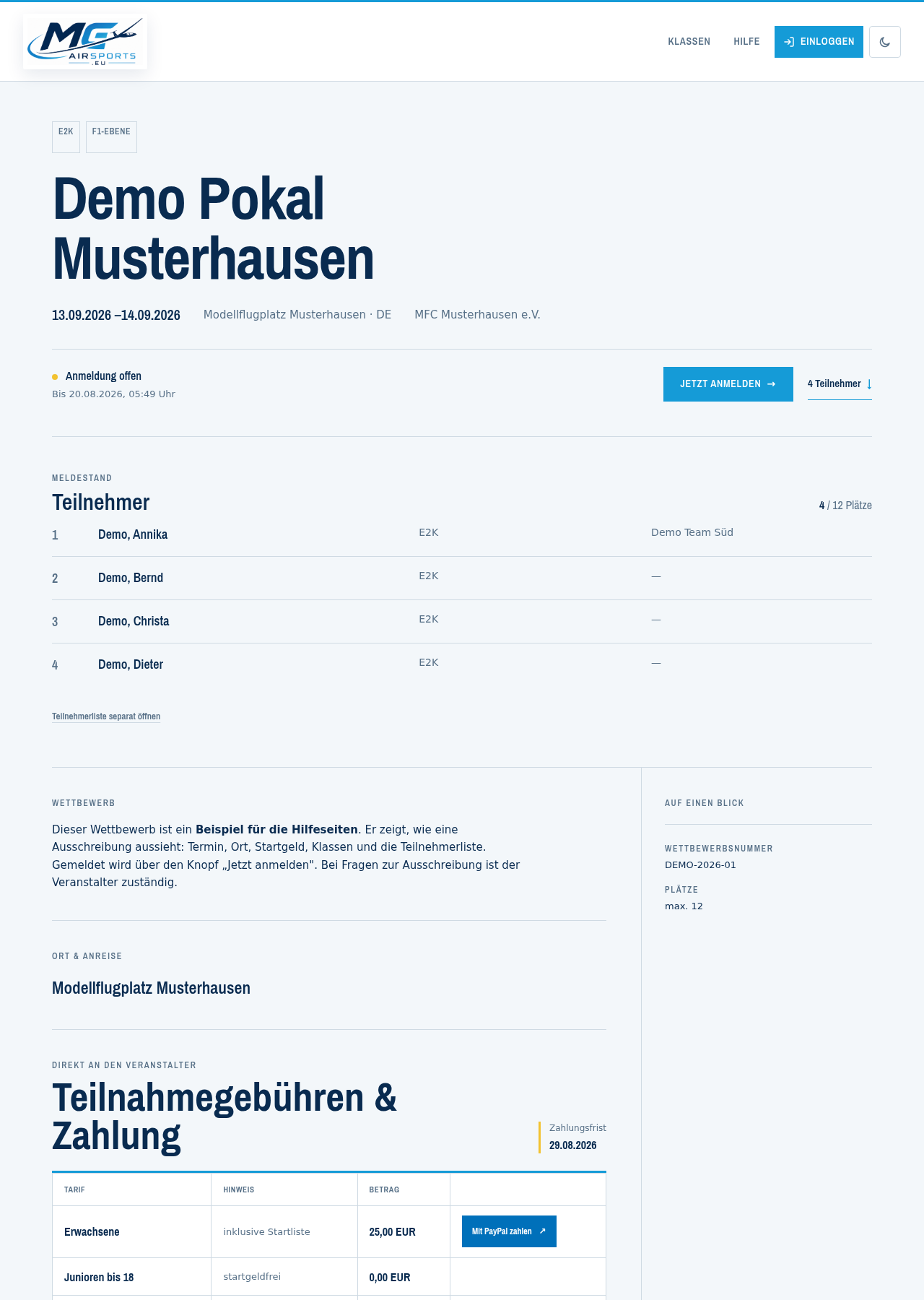 Die Seite eines Wettbewerbs: Termin und Ort oben, darunter der Anmeldeknopf und die Teilnehmerliste.