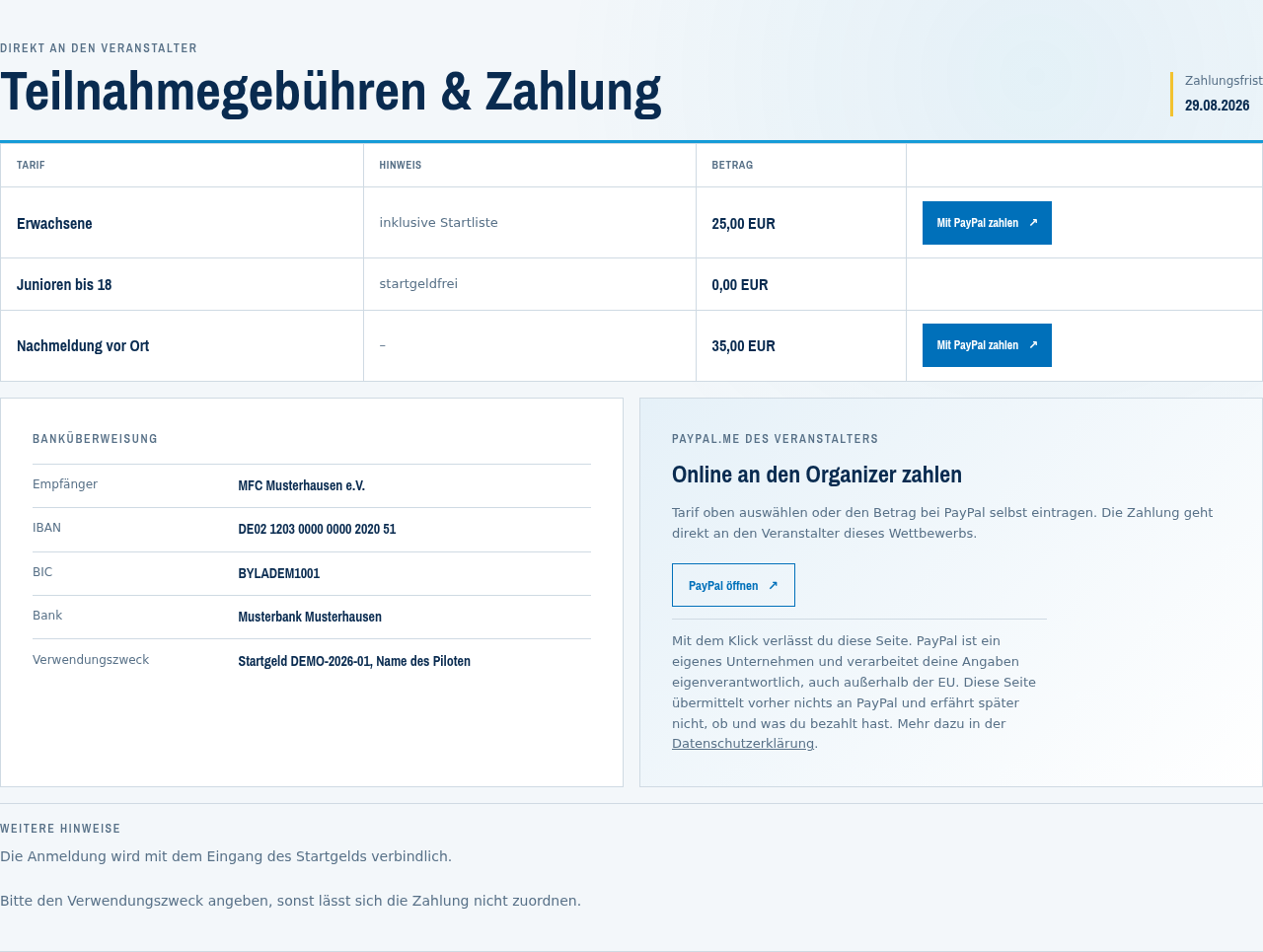Tarife, Zahlungsfrist, Bankverbindung und PayPal auf der Wettbewerbsseite.